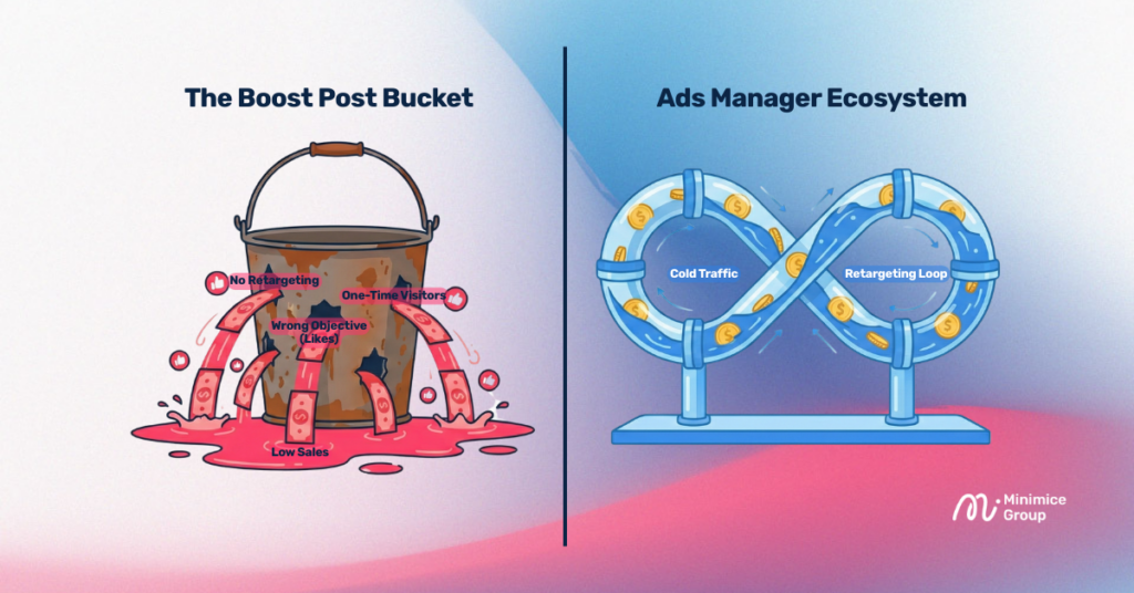 Side-by-side comparison diagram showing a 'leaky bucket' sales funnel for Boosted Posts losing traffic versus a sealed, looping ecosystem funnel for Meta Ads Manager utilizing retargeting to maximize revenue.