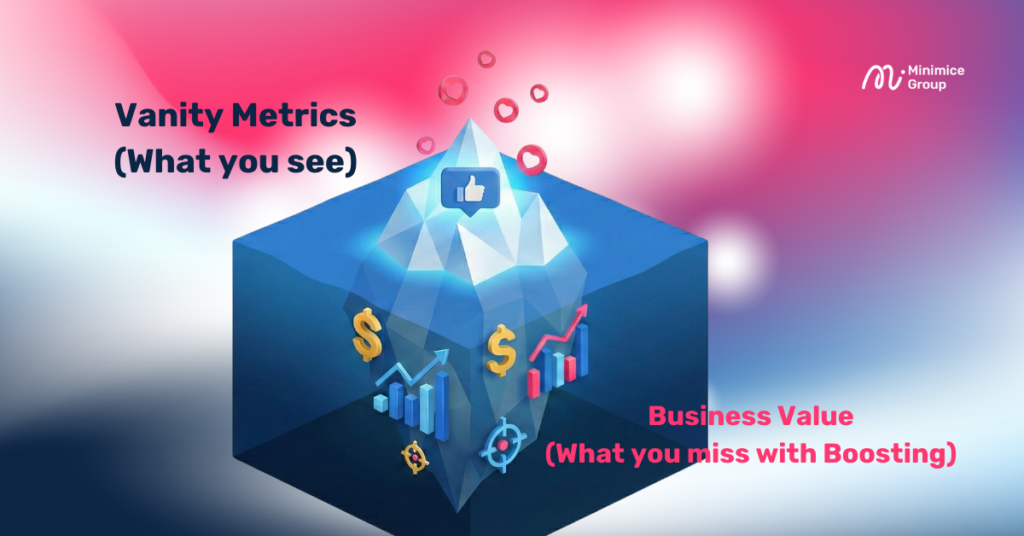 Iceberg infographic comparing 'Boost Post' vanity metrics (likes, comments) on the surface versus deep business value (revenue, conversions, ROAS) hidden beneath, accessible only via Meta Ads Manager.
